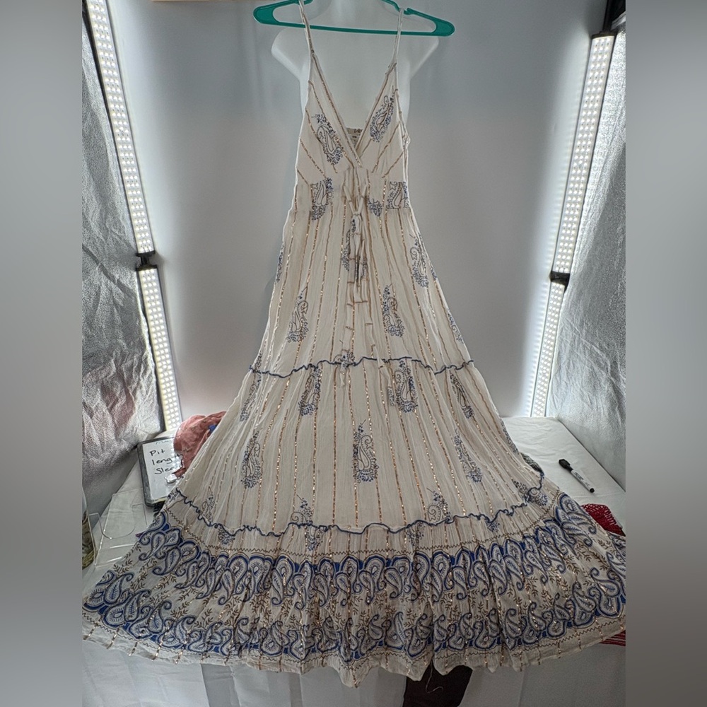 Ananta Boho Cream Tiered Maxi Dress with Blue Paisley Trim Size S/Med